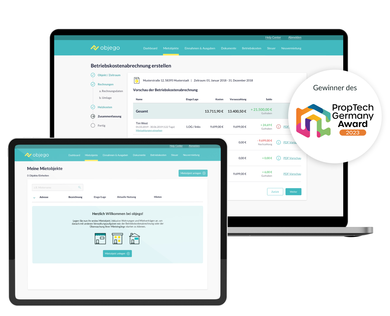 230515-objego-header-mockup-proptech Produkt Mockup mit Screen von Tablet und Laptop. Auf der rechten Seite ist ein Stoerer zum Gewinn des Proptech Awards 2023